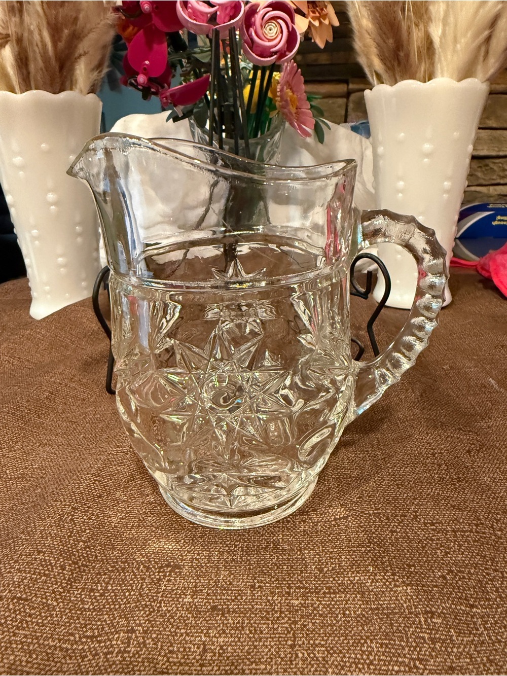 Vintage Clear Pressed Glass Cream Pitcher Starburst Pattern Small Syrup Pitcher